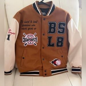 Zara sz 11-12 boys Brown Varsity Jacket with Patches